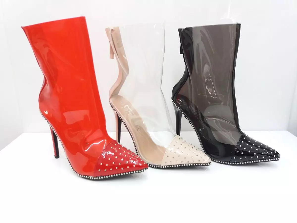 LADIES WOMEN ANKLE BOOT STILETTO CLEAR PERSPEX STUDDED SHOES 3 8