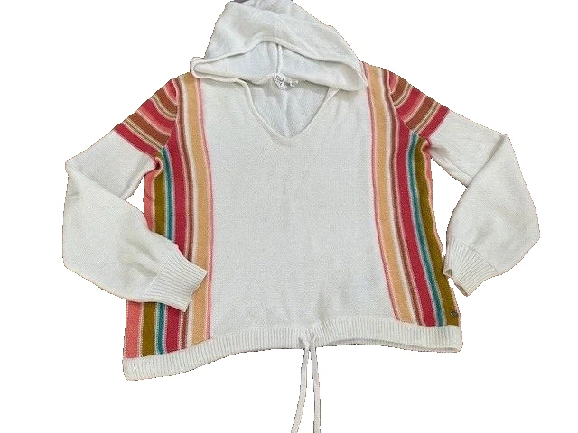 ROXY V neck Pullover Sweater Striped Medium Hood Oversized Beach Boho Turning Ou