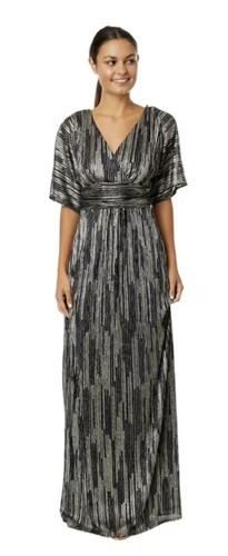 Lilly Pulitzer NWOT Parigi Elbow Sleeve Maxi Navy Gold Metallic Crinkle Dress L - Picture 2 of 8