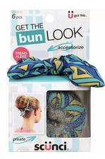 Scunci Get the Bun Look Maker 6 Piece Kit Blue Green Stripes Hair Accessories