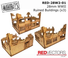 RED-28W2-01 - 28mm Wargames - Ruined Buildings x 3 (for WWII)