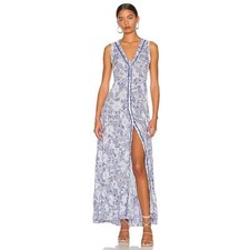 Poupette St Barth Nana Maxi Dress Blue V-Neck Button Front Floral Tiered Sz XS