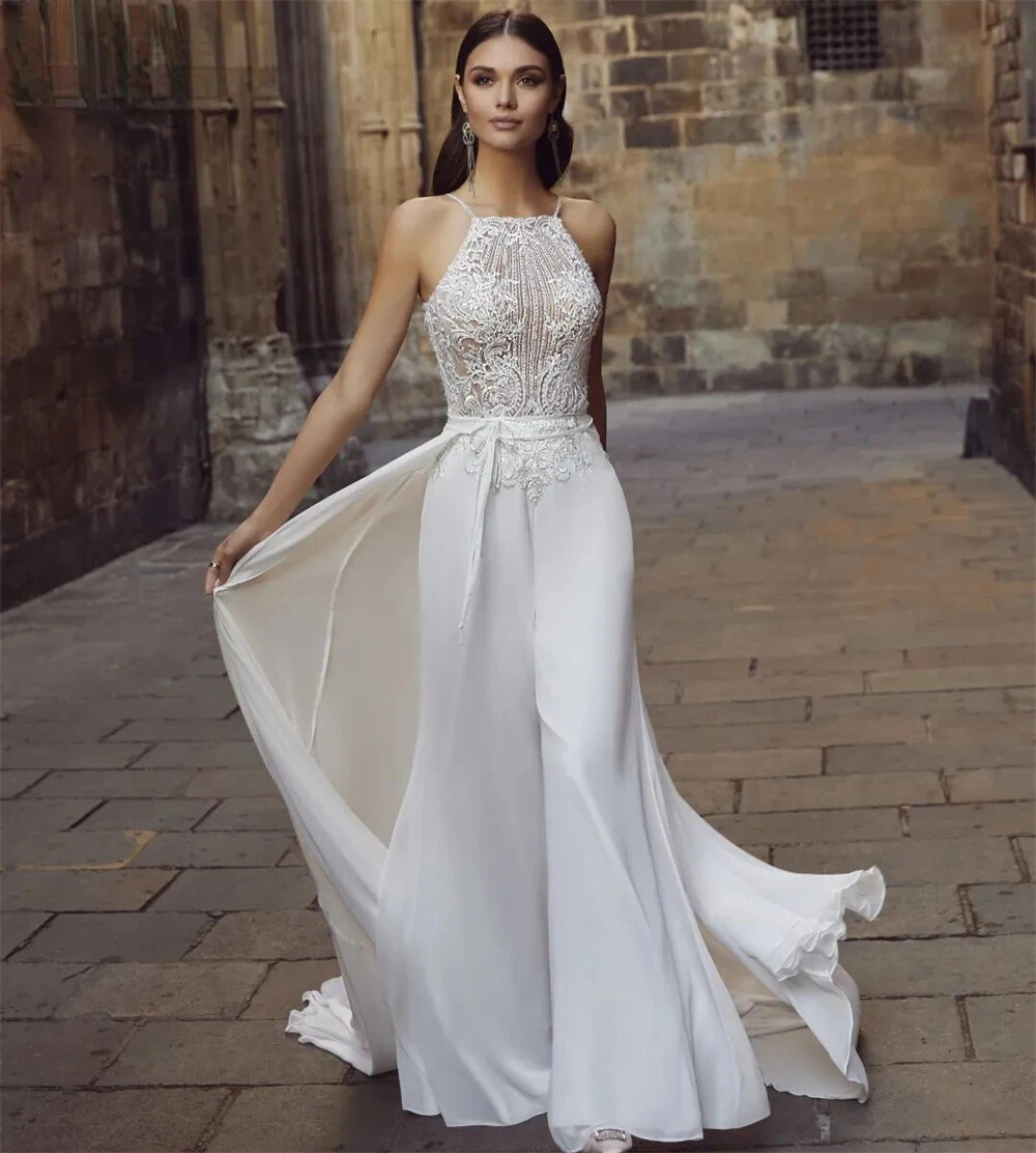 Wedding Dress Backless Chiffon Sleeveless Lace Bride Dresses for Women |  eBay