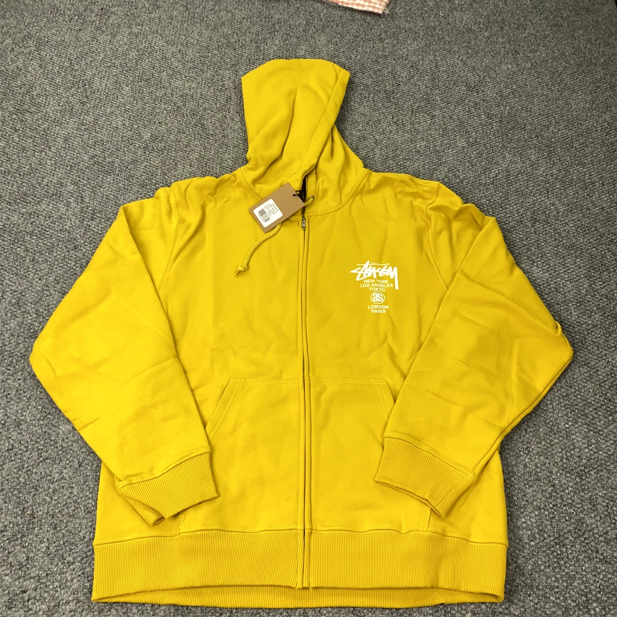 Stussy World Tour Zip Hoodie Mens XL Honey Yellow Sweatshirt