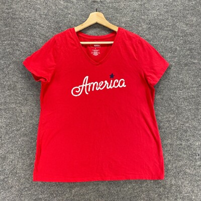 Sonoma T-Shirt Women L Red V-Neck Short Sleeve Cotton America Print Top