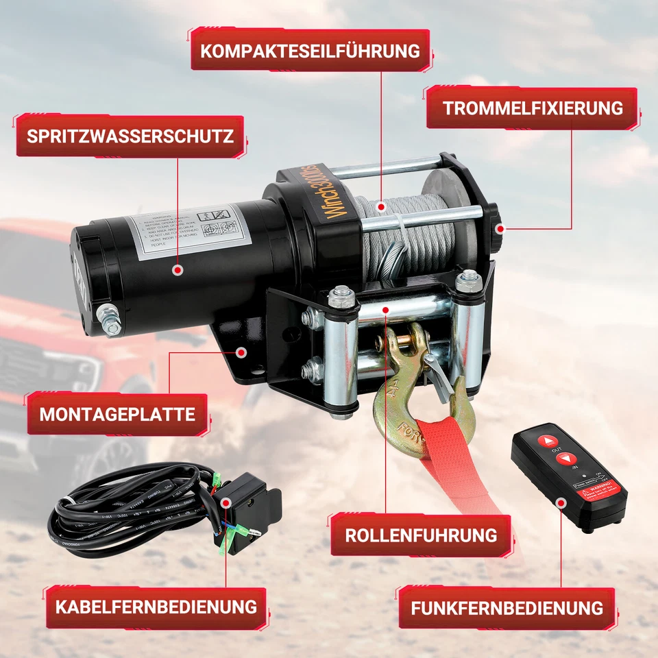 Elektrische Seilwinde 12V, 1369 Kg Motorwinde Seilzug, mit Funkfernbedienung - Bild 3 von 4