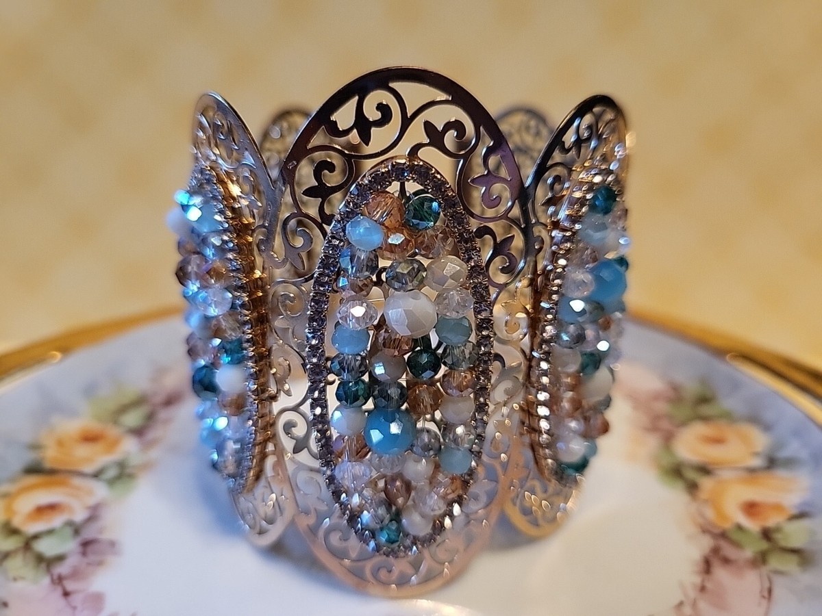 Vintage Ornate Irredescent Beaded Golden Filligree Cross Motif Cuf Bracelet