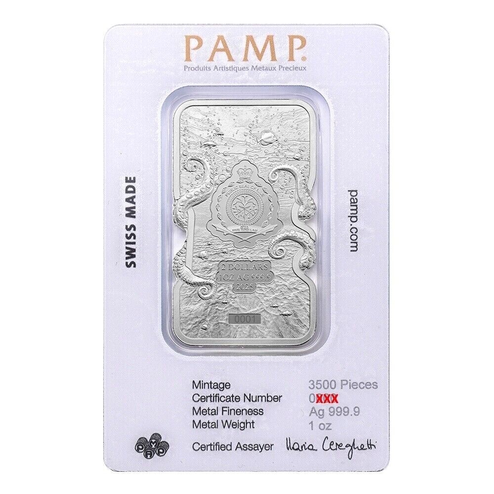 2025 Niue 1 oz Silver Nature's Grip Giant Octopus $2 Bar in Assay