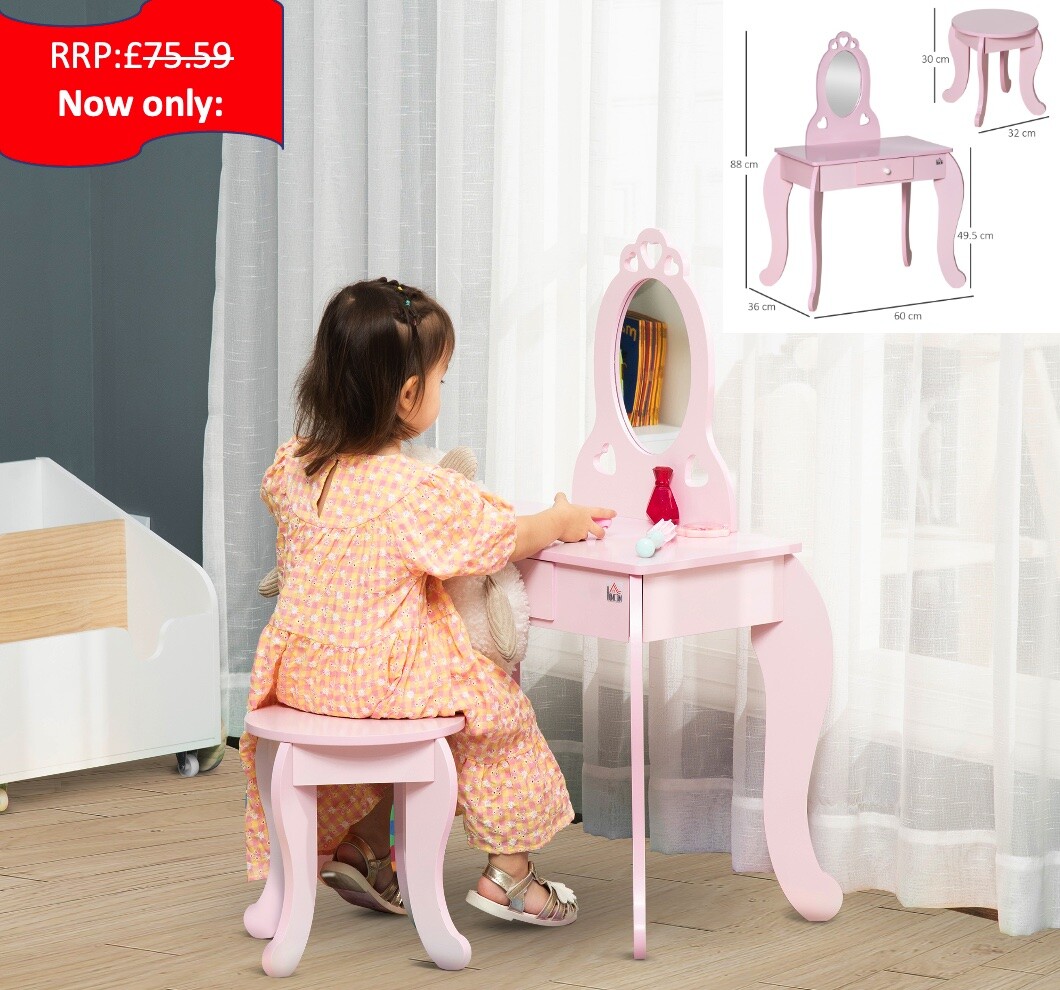 Kids Vanity Table & Stool Girls Dressing Set Make Up Desk with Mirror HOMCOM