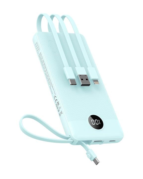 Portable Charger w/ Built in Cables, 10000mAh Slim w/ 5 Outputs and LED Display-image