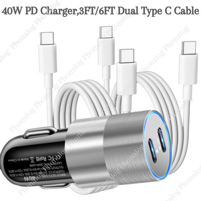 For iPhone iPad Pro Android Samsung 40W Dual USB Type-C Fast Car Charger Adapter