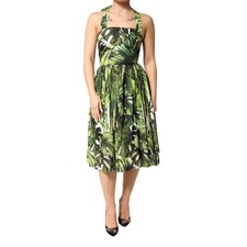 DOLCE & GABBANA Dress Green Leaves Print Cotton Halter Midi IT38/US4/XS 1880usd
