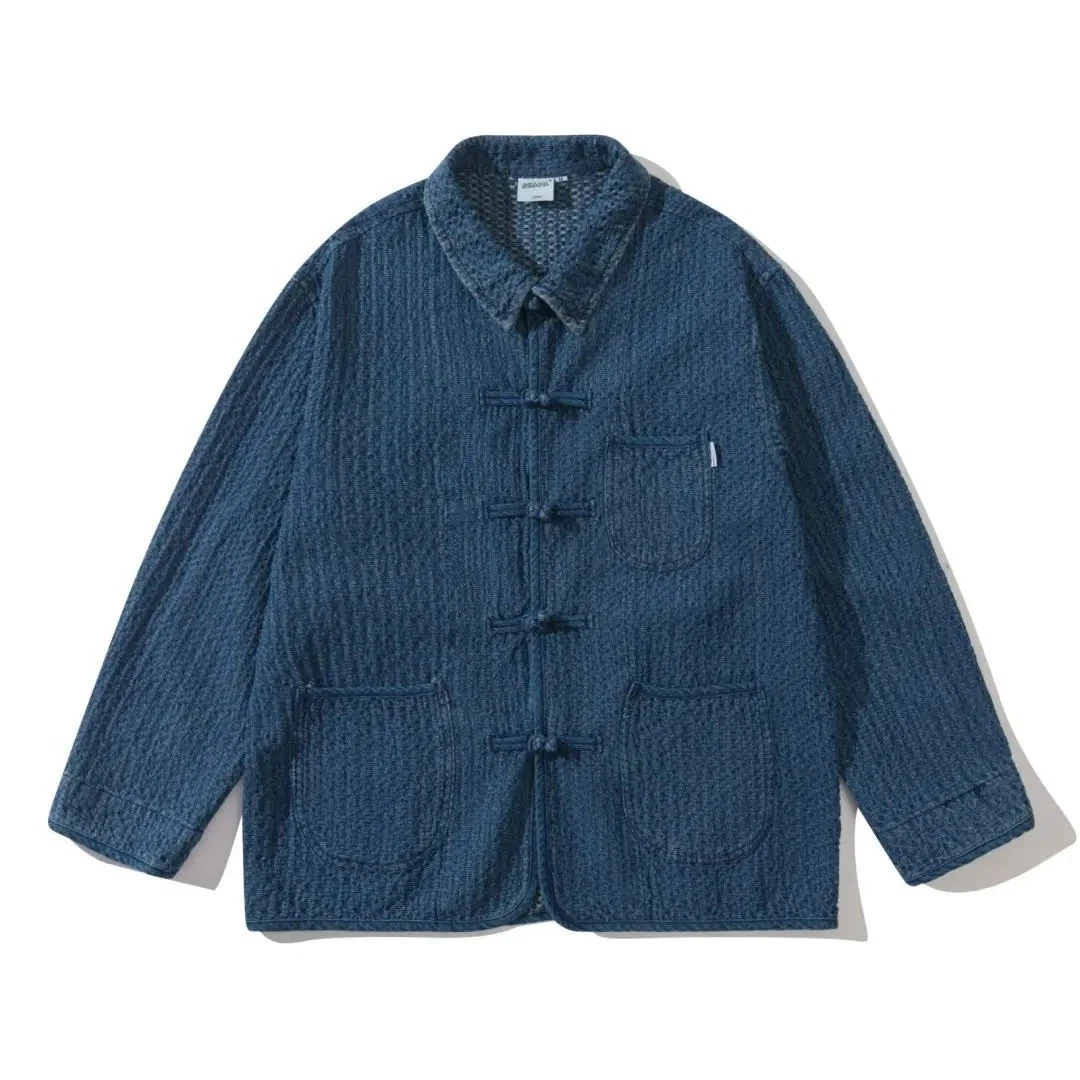 Men Denim Jacket Chinese Style Buckle Loose Vintage Casual Cargo Jean Coat