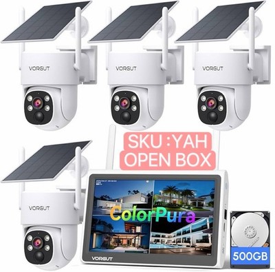 (YAH)Solar Security Camera System 4pcs 2K PTZ 10 Monitor 500GB WiFi No Fee