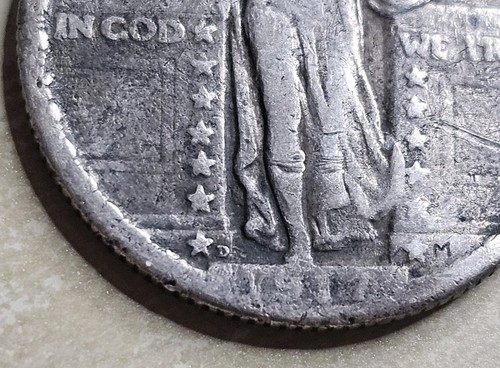 1917 D Type 2 Standing Liberty Silver Quarter 25C Fine F Or Very Fine VF Damaged - Picture 2 of 5
