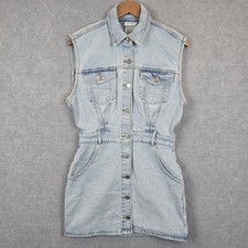 Zara Denim Dress Womens Medium Light Blue Jean Mini Sleeveless Collared Button 