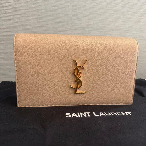 YSL Saint Laurent Clutch Bag Beige Leather YSL Logo Snap Button Flap Women's
