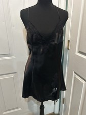 Fredericks Of Hollywood Y2K VTG Black Lace Trim Satin Slip Babydoll SZ L