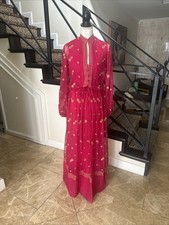 Jack Bryan NWT 70s Raspberry Pink Voile  Gold Embroidery Blouson Maxi Dress S