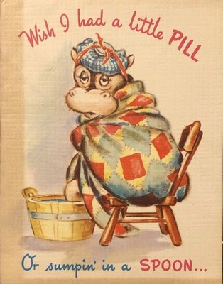 Vtg Get Well Greeting Card Cute Sick Anthro. Hippo Feet In Bucket Wish For Pill