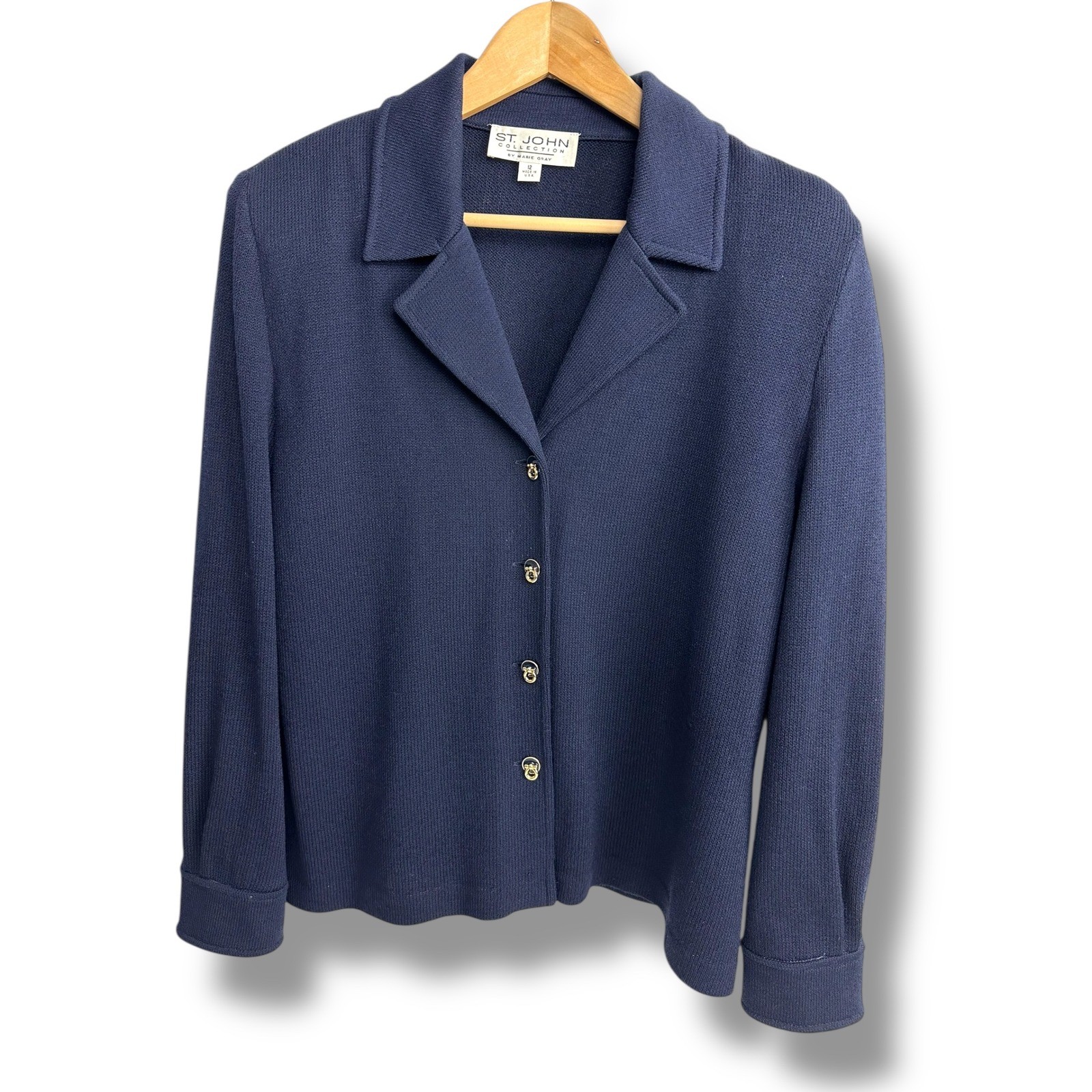 ST JOHN COLLECTION Navy Blue Knit Blazer Jacket Gold Button Size 12