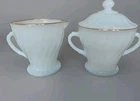 Vintage Anchor Hocking GOLDEN SHELL milk glass cream sugar white swirl gold trim