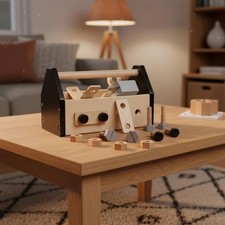 Wooden Toy Toolbox Pretend Play Kids Carpenter Tool Set Polished Rounded Edges
