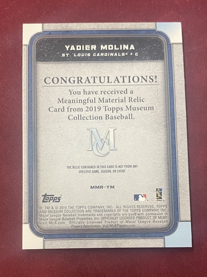 2019 TOPPS MUSEUM Yadier Molina ( CARDINALS ) GAME USED PATCH JERSEY Card 07/10 view 2