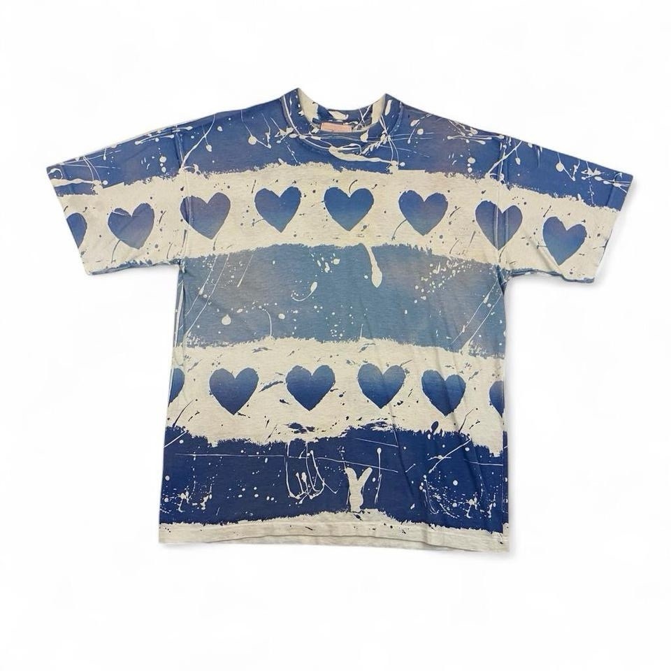VTG 90s Fire California Hearts AOP Tie Dye T Shirt Adult M White Blue Faded Rare