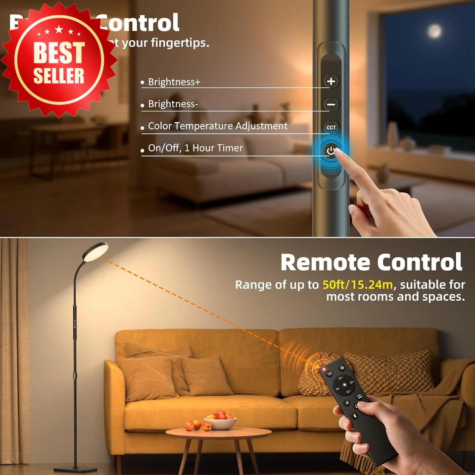 Lámpara de Pie Negra Altura Ajustable LED Regulable Soporte de Lectura con Control Remoto Táctil Foto 4 de 4