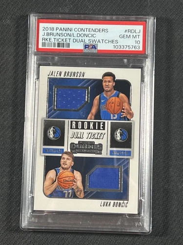 2018-19 Contenders Luka Doncic Jalen Brunson Rookie Dual Swatch Jersey - PSA 10