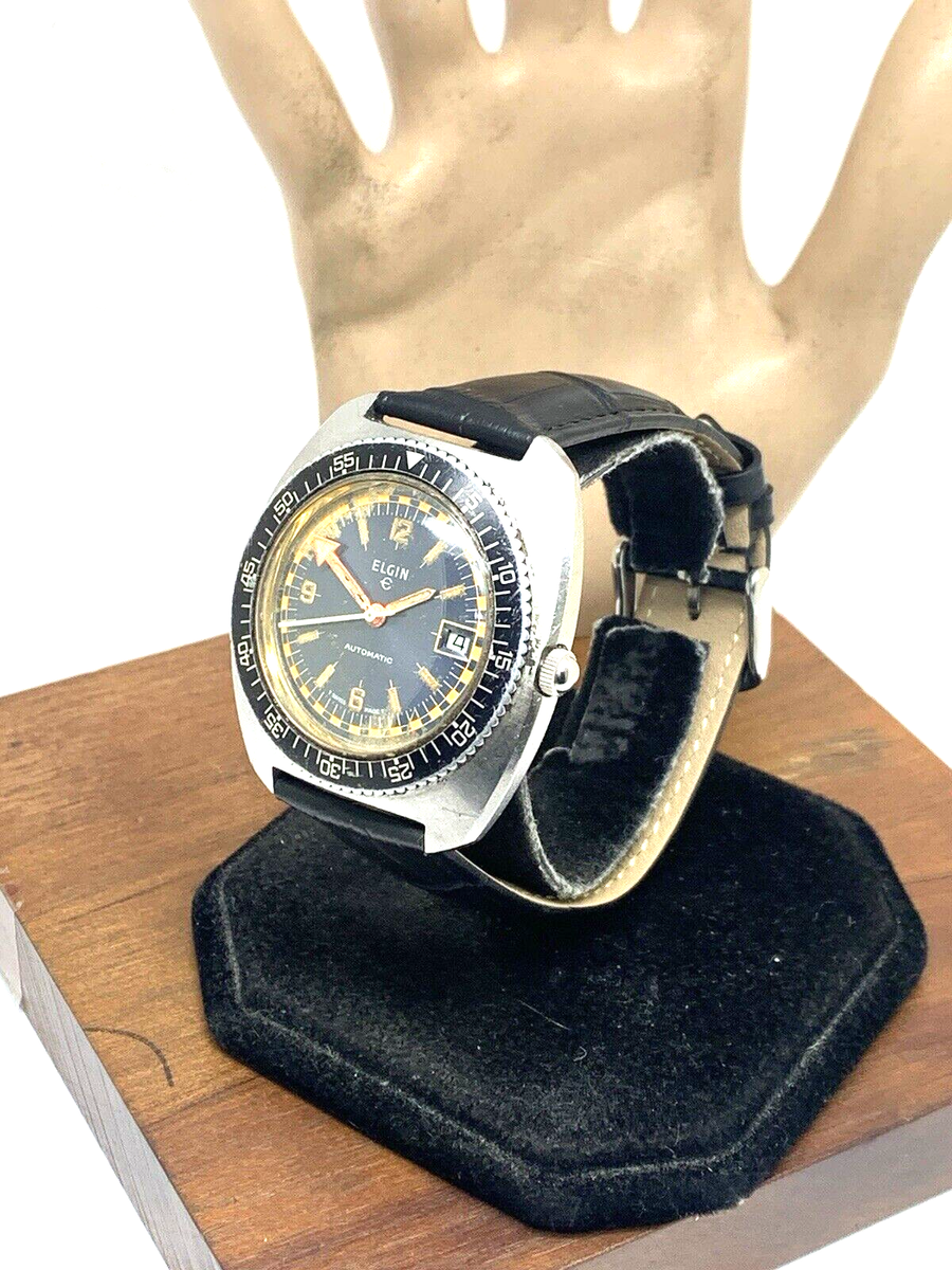 Elgin Mens Watch Diver Swiss Automatic Vintage Black Dial Date