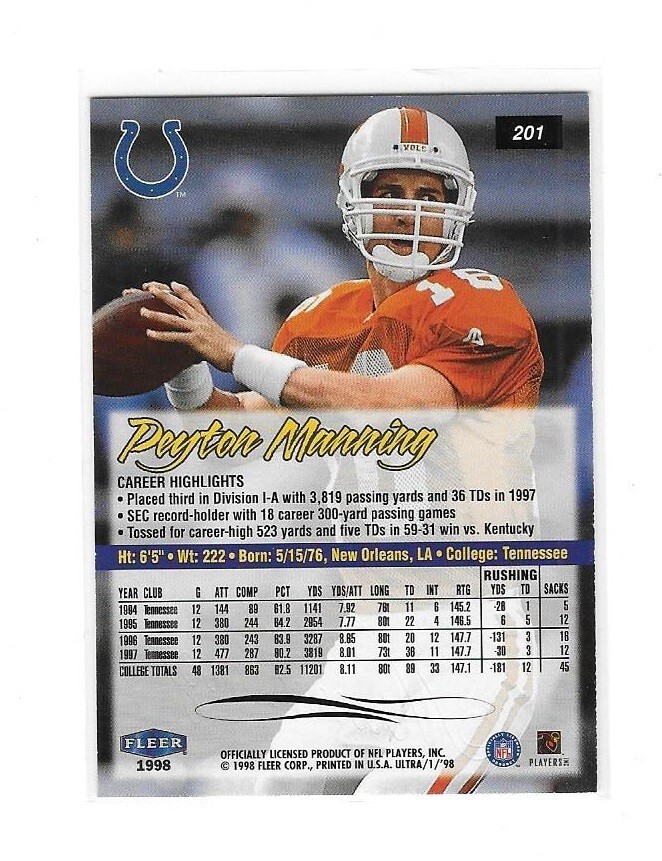 1998 Fleer Ultra Peyton Manning Rookie Card #201 ** Actual Card