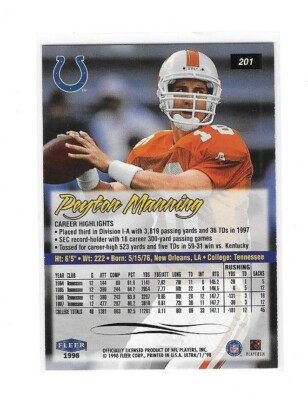 その他 1998 ULTRA PEYTON MANNING ROOKIE 1998 Fleer Ultra Peyton Manning Rookie Card #201 ** Actual Card