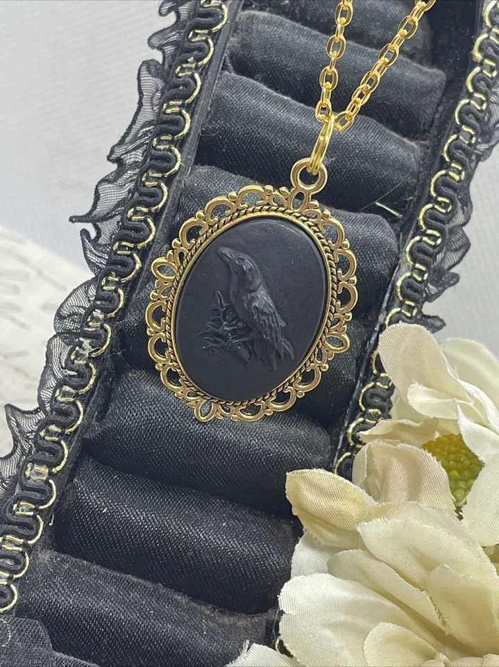 Black Crow Raven Gothic Steampunk Cameo Necklace Mens Womens Gift Wedding Gold T - Image 2 of 4
