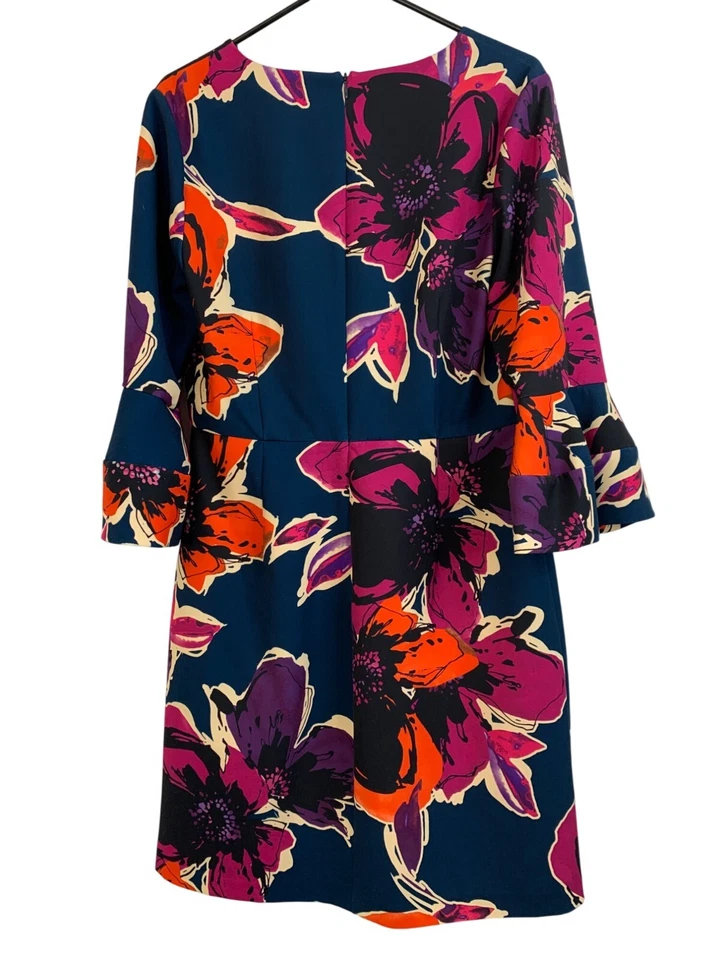 Trina Turk Sz 10 Bold Floral Print 3/4 Sleeve Dress With bell Cuffs Scuba GUC - Image 4 of 4