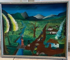 VTG Folk Primative SIGNED FRAMED ORIGINAL HAITIAN  LANDSCAPE SCENE J. Barthelem