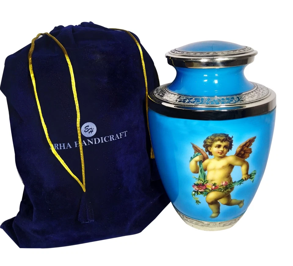 Urne de crémation bleue gravée par ange en aluminium funéraire pour cendres h... - Photo 2/4