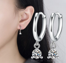 925 Sterling Silver Dangle CZ Huggie 14mm Hoop Earrings Women Girl Gift XJ9