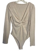 Shein Size M Chic Ribbed Beige Long-Sleeve Twist Front Bodysuit Soft Comfortable