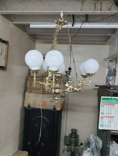 Marine Vintage Solid Brass & Milk Glass Globe Hanging Mermaid Chandelier Lamp - 第 6/8 張圖片