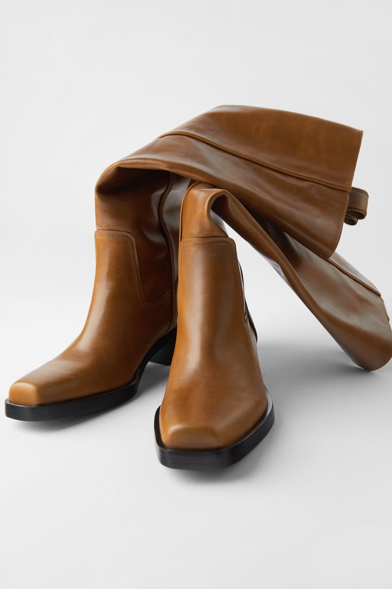 Zara Women Heeled Leather Square Toe Cowboy Boots Brown 2006
