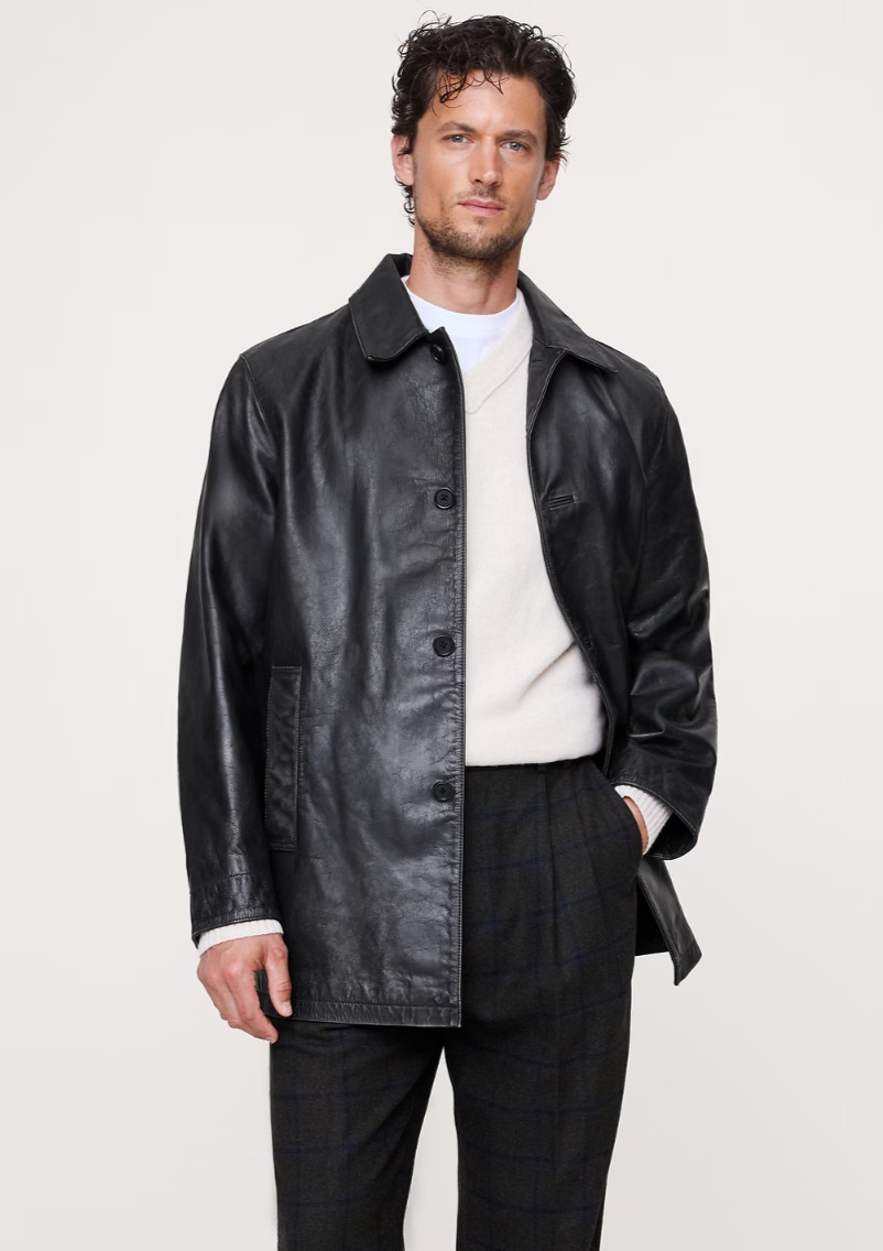 Banana Republic Men's Medium Relaxed Leather Carcoat Black Button Jacket NWT