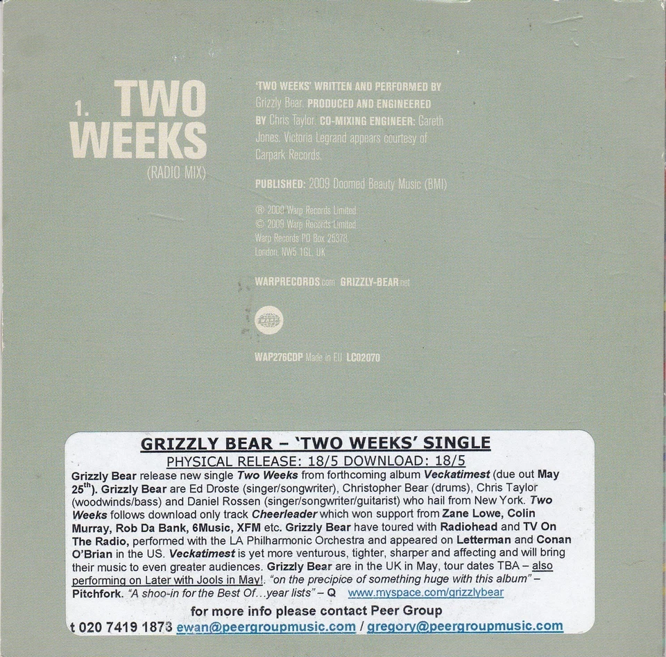 GRIZZLY BEAR Two Weeks ( 1 Track Promo CD ) - Bild 2 von 3