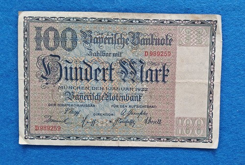 07 160 Notgeld Bayerische Notenbank München 100 Mark 1.1.1922, Serie D KN rot