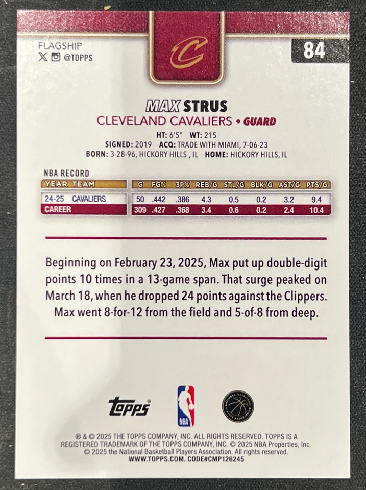 Max Strus 2025-26 Topps Flagship Basketball SSP Team Logo Cavaliers #84 - Image 2 of 3