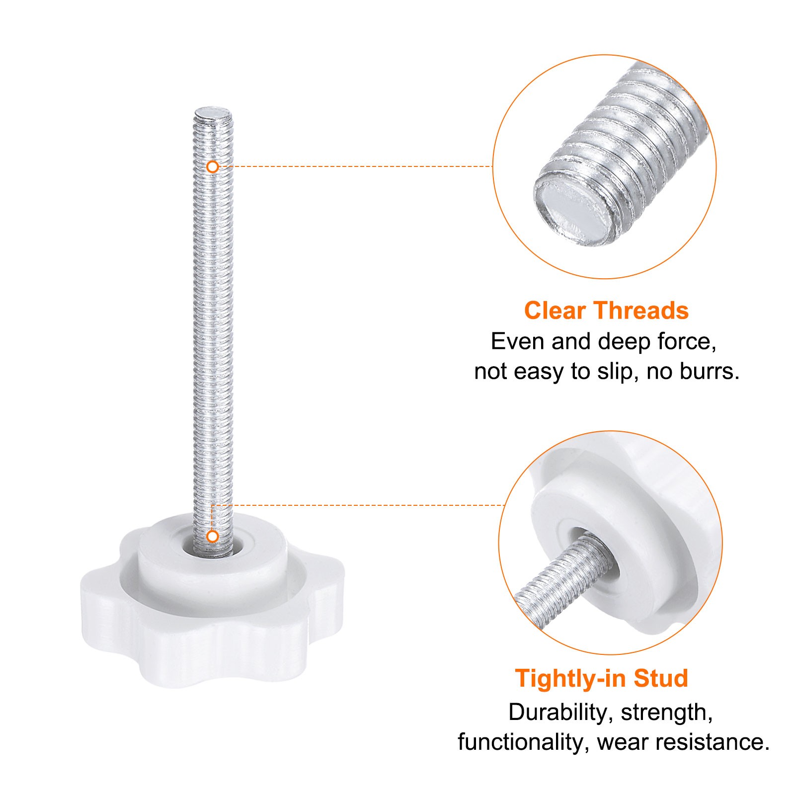 10pcs Star Knob M4 x 50mm Thread 25mm 6-Point Head Stud Hand Clamping Knob White