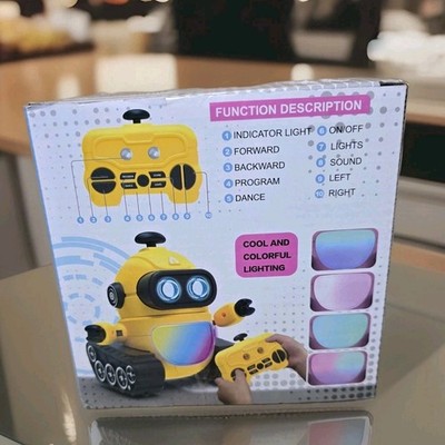 Remote Control Robot Toy for Kids Yellow - 360° Rotation, Music, LED Lights