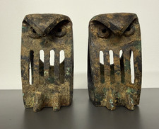 Vintage Isamu Noguchi Style Cast Iron Pair of Owl Bookends Brutalist Patina