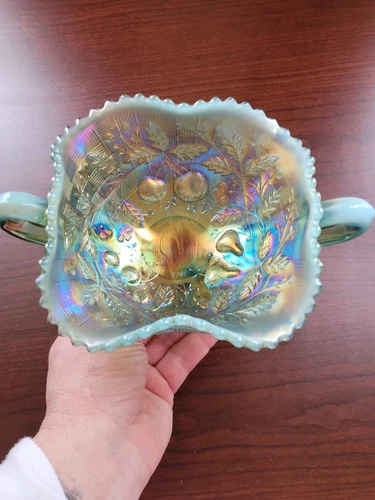 The Prettiest Aqua Opalescent Northwood Carnival Glass Fruits & Flowers Bonbon